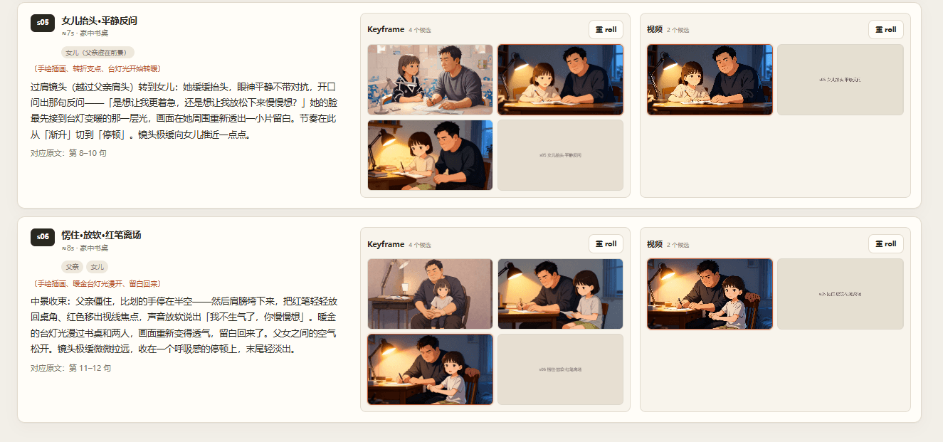 镜头工作区:逐镜生成 Keyframe 与视频,保留所有候选